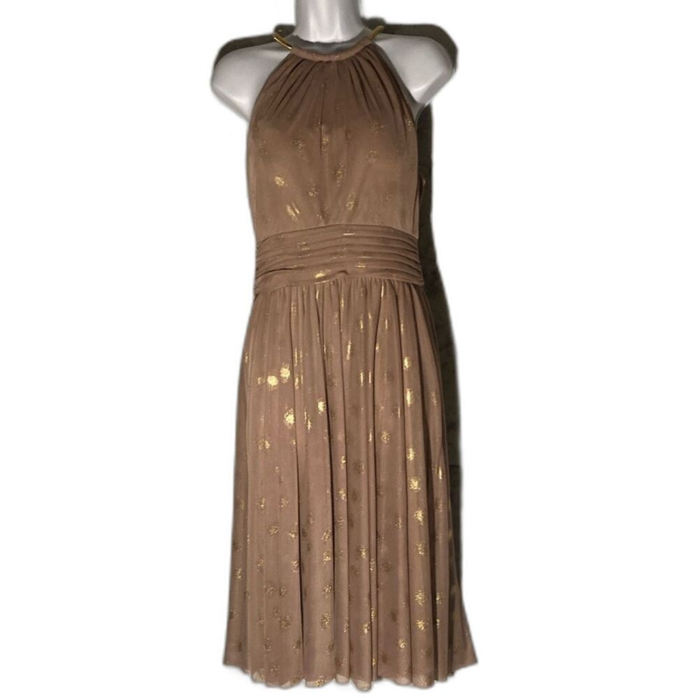 JESSICA HOWARD tan gold shimmery dots semi sheer overlay halter dress 8